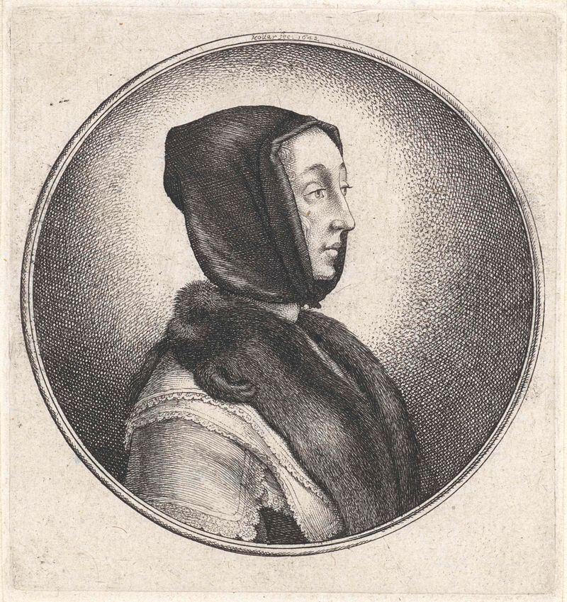 Retrato de una mujer con un pañuelo negro y estola de piel, grabado de Wenceslaus Hollar