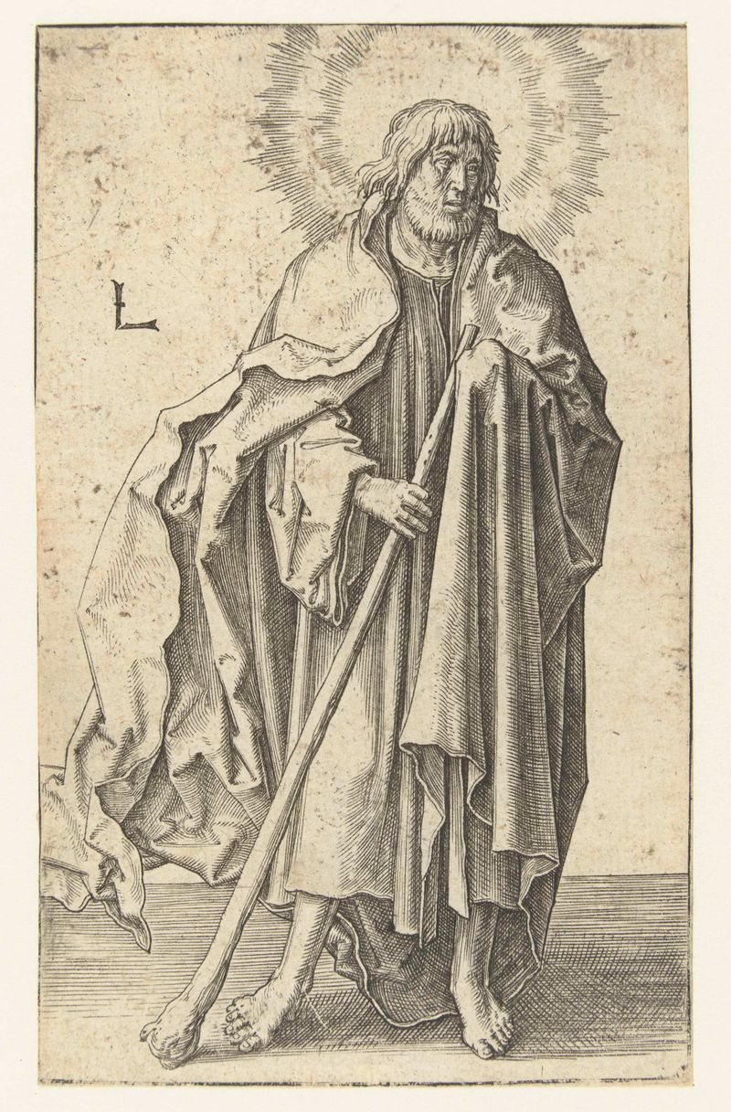 Gravura de Lucas van Leyden retratando o apóstolo Jakobus Minor com um halo e detalhes intrincados na capa