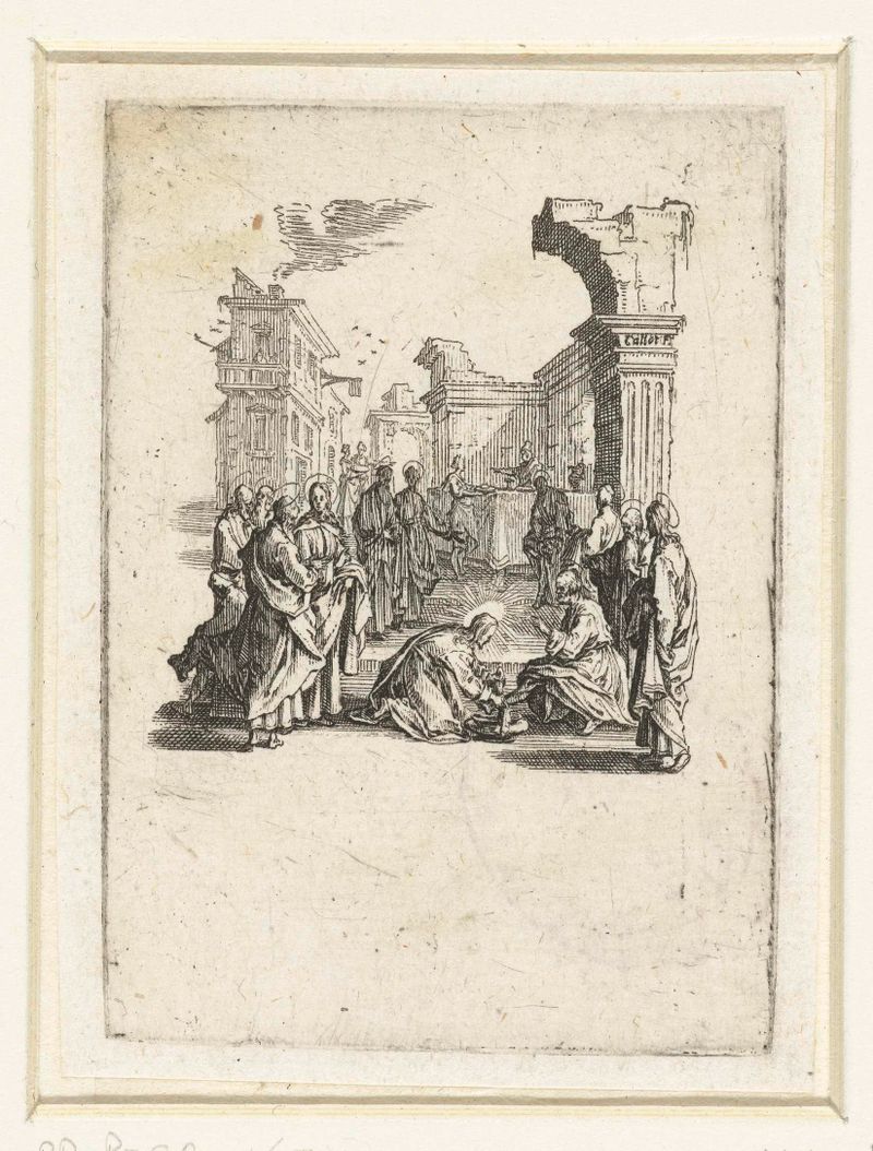 Voetwassing de Jacques Callot, gravura mostrando figuras reunidas ao redor de uma bacia