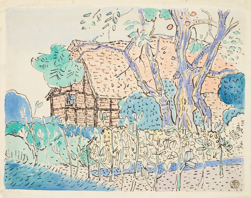 Cottage and garden scene with flowers, oil on canvas by Raymond McIntyre