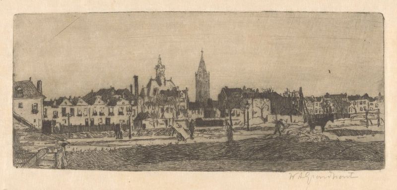 Landscape of Delft by Willem Adrianus Grondhout, oil painting depicting canals and village architecture.