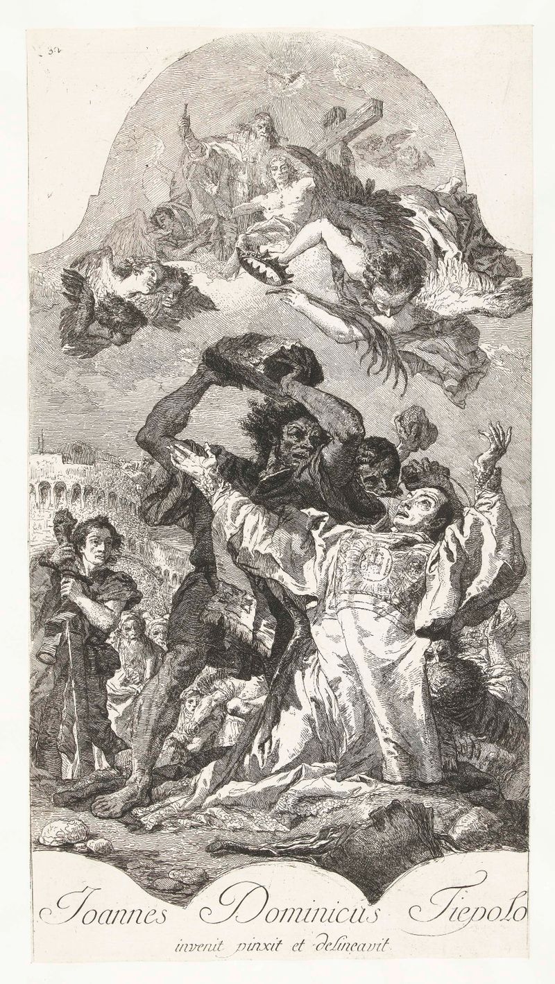 Marteldood van heilige Stefanus door steniging, etching by Giovanni Domenico Tiepolo showing a martyr surrounded by a crowd.