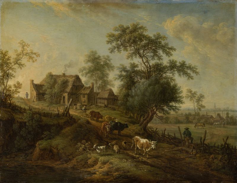 Paisaje con Animales de Granja en un Camino, óleo de Christian Georg Schütz el Viejo