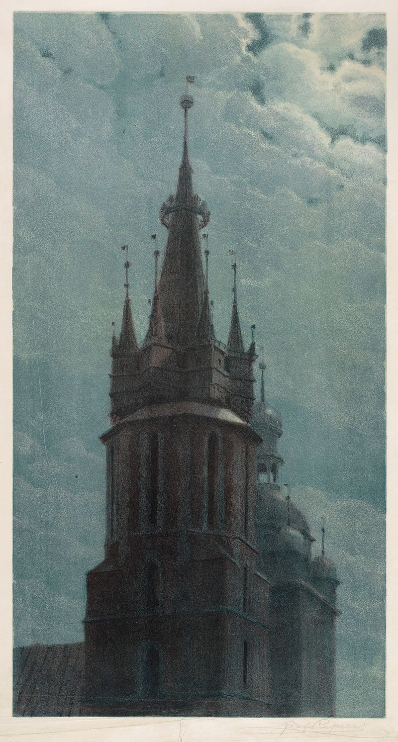 Gothic architecture of St. Mary’s Basilica by Józef Rapacki, oil painting