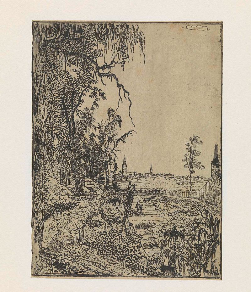 Gravura de Hercules Segers mostrando uma estrada ladeada por árvores e uma cidade ao fundo.