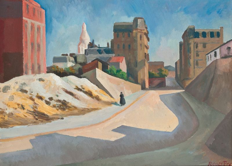 Abstract interpretation of Le Sacré-Coeur by Roger Fry, 1920, featuring vibrant colors and sunset light.