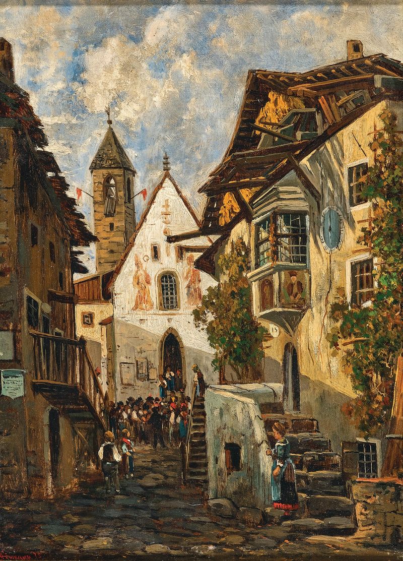 Oil painting by Theodor Von Hörmann depicting a valley with distant mountains