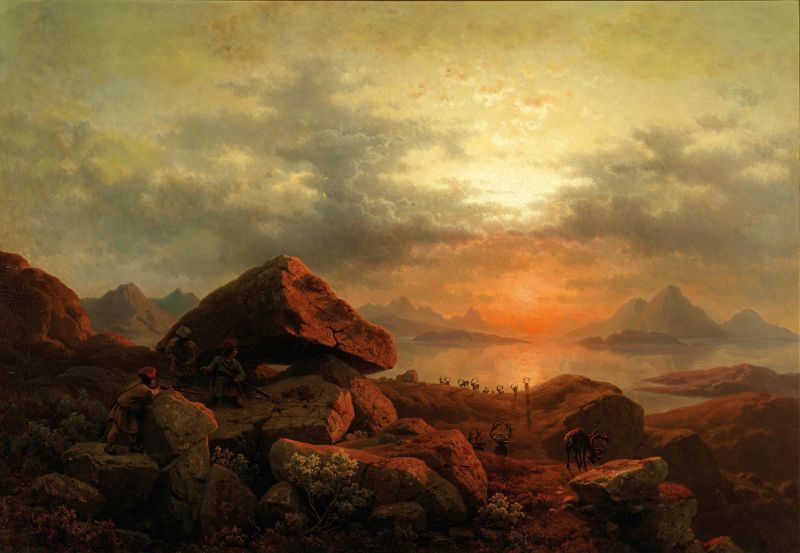 Hunting Reindeer in the Far North by Georg Eduard Otto Saal, oil on canvas depicting figures hunting in a snowy landscape.