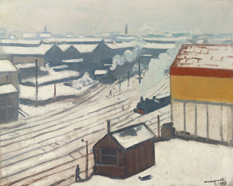 La Gare Montparnasse Sous La Neige de Albert Marquet, pintura al óleo que representa una estación de tren nevada