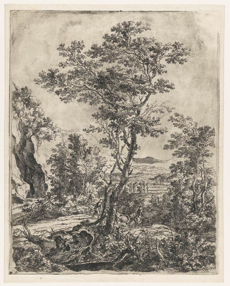 Landschap met een grote boom de Jan Both, gravura que retrata uma grande árvore em uma paisagem com nuvens.