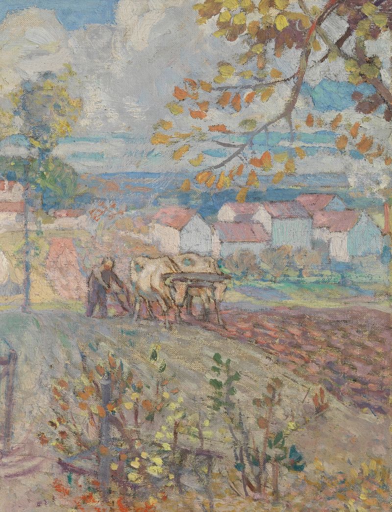 Escena de género que representa un pueblo con figuras, óleo sobre lienzo de Victor Menu.