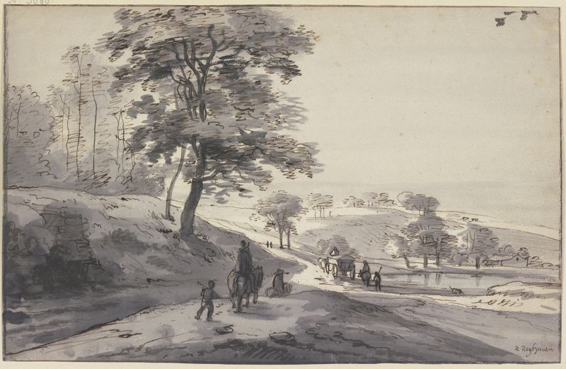 Landscape with a busy path featuring a wagon, riders, and pedestrians by Roelant Roghman, medium unknown.