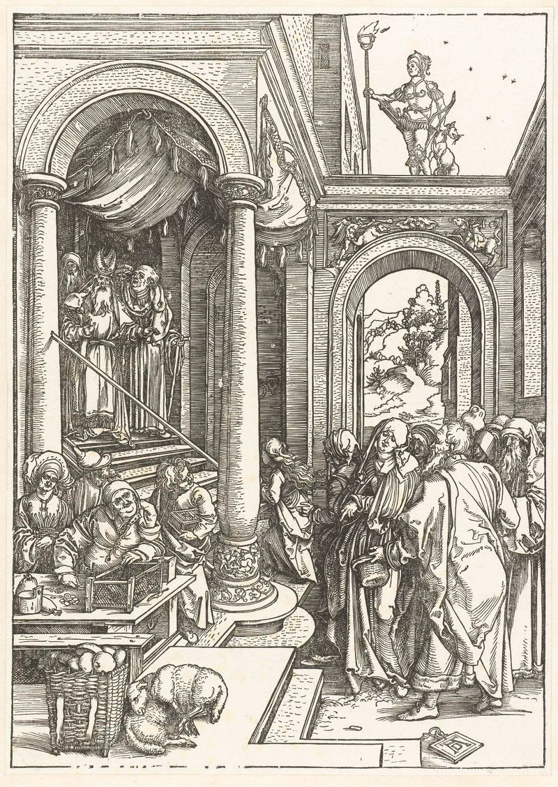Cena religiosa com Maria e um sacerdote no templo, papel de Albrecht Dürer