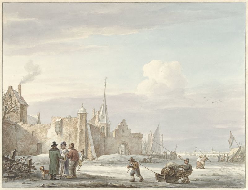 Paisagem representando uma cena de vila de inverno por Martinus Schouman, pintura a óleo