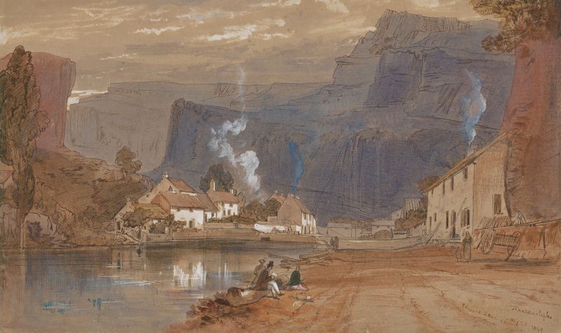 Cheddar Cliffs, Somerset de Edward Lear, acuarela sobre papel que representa acantilados y colinas.