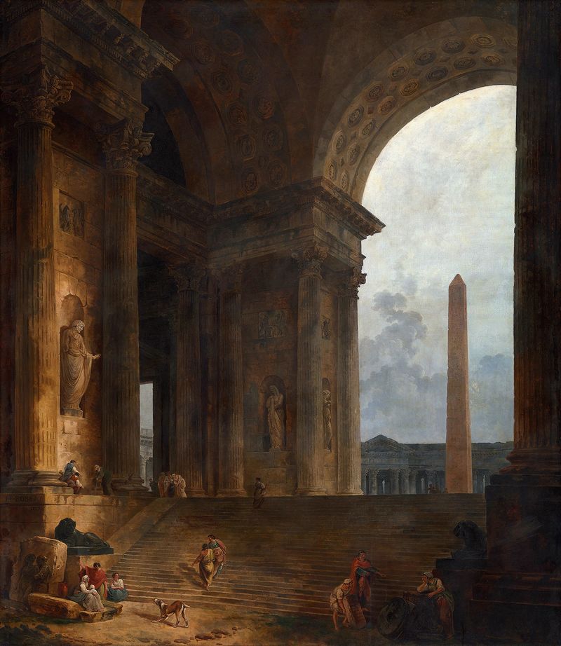 El Obelisco de Hubert Robert, óleo sobre lienzo, presenta un obelisco entre ruinas y vegetación exuberante.
