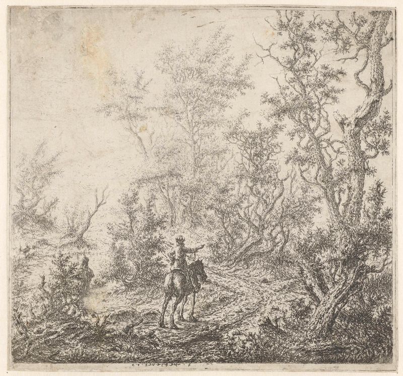 Landscape etching by Claes van Beresteyn featuring a horseman conversing with a man on a path.