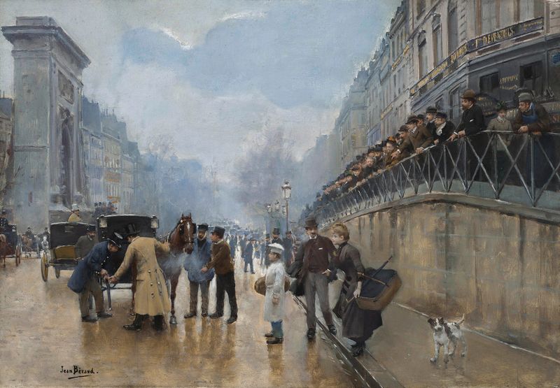 Genre scene oil painting by Jean Béraud depicting a crowd in shock at Porte Saint-Denis.