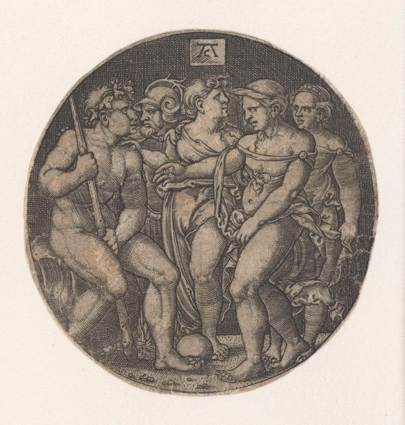 Grabado Oordeel van Paris de Monogrammist AC que representa a Paris en juicio divino
