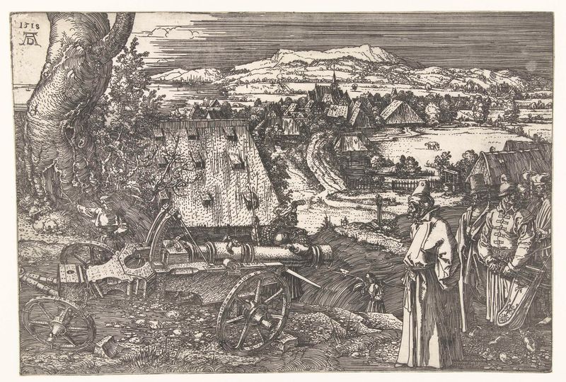 Grabado Landschap met kanon de Albrecht Dürer que muestra un paisaje con un cañón