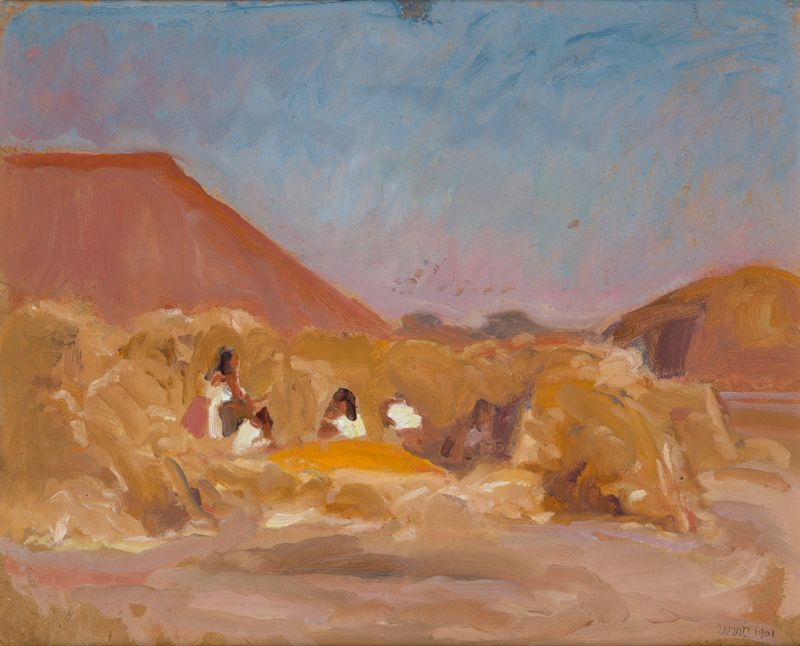 Gumno na Ukrainie de Wojciech Weiss, óleo sobre tela retratando uma paisagem rural tranquila com trigo ao pôr do sol.