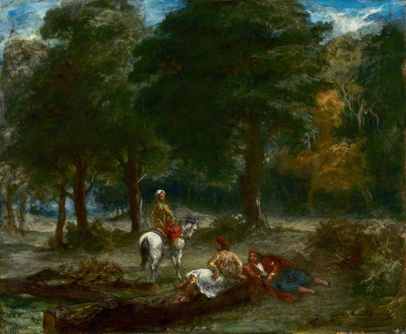 Cavalheiros Gregos Descansando na Floresta, pintura a óleo de Eugène Delacroix