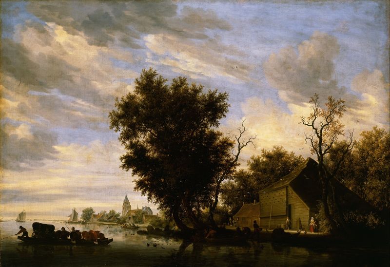 River scene with ferry boat by Jacob Salomonsz. van Ruysdael, oil painting