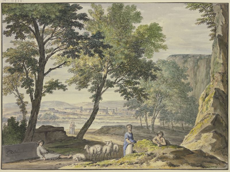 Landscape with shepherds and a city in the distance, oil on canvas by Jan van Huysum