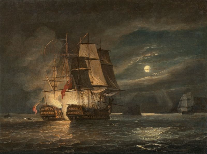 Oil painting by Thomas Luny depicting a ship surrendering in a stormy ocean