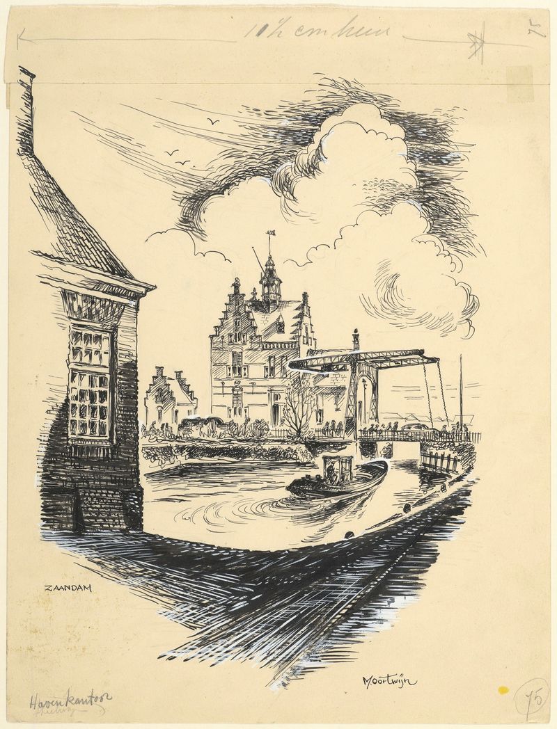 Pintura a óleo de paisagem por Maarten Oortwijn mostrando um escritório do porto com tons terrosos.