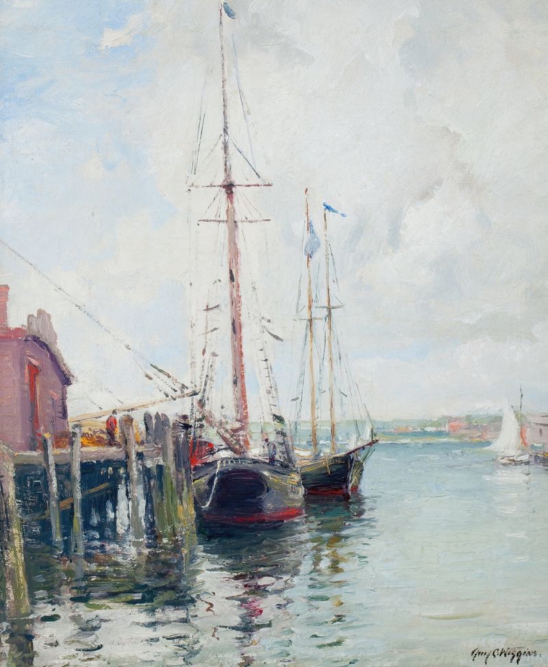 East Gloucester Docks by Guy Carleton Wiggins, oil on canvas depicting a tranquil marine scene