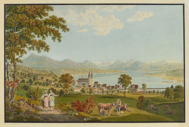Paisagem de Lucerna com campo e arquitetura de David Alois Schmid, meio desconhecido.