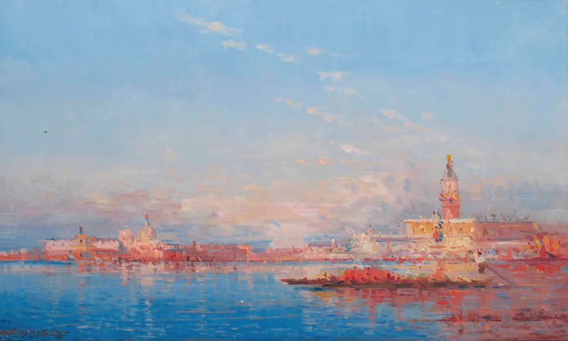 Marine scene featuring a trading vessel on the Venetian lagoon by Henri Duvieux