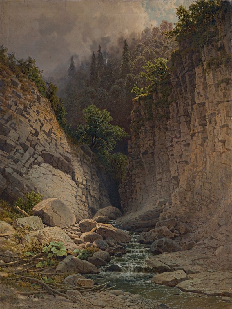The Ravine by Ilya Nikolaevich Zankovsky, oil on canvas depicting dark trees and light.
