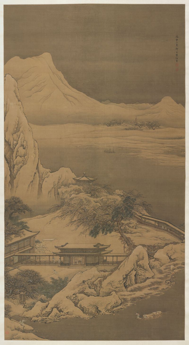 Snowscape de Yuan Jiang, obra en seda que representa un paisaje nevado con árboles.