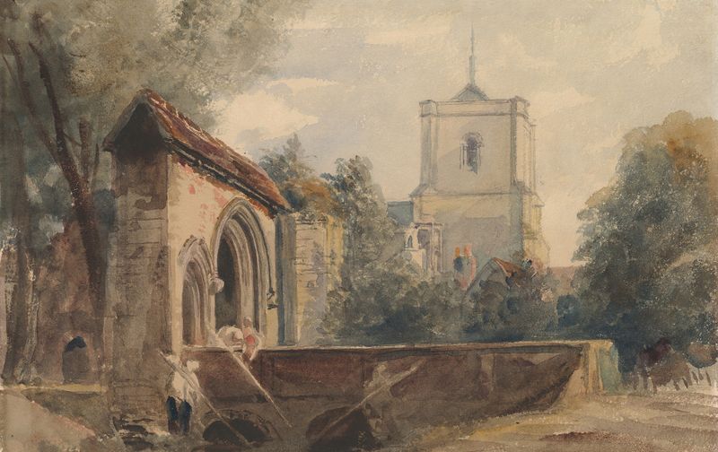 Waltham Abbey, Essex de Peter De Wint, pintura a óleo que retrata uma paisagem serena com uma abadia.
