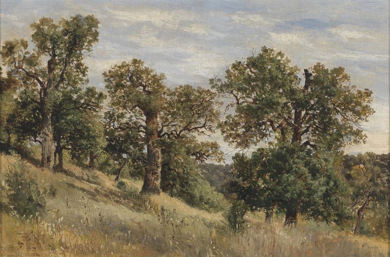 Paisagem com uma árvore e montanhas de Theodor Von Hörmann, pintura a óleo