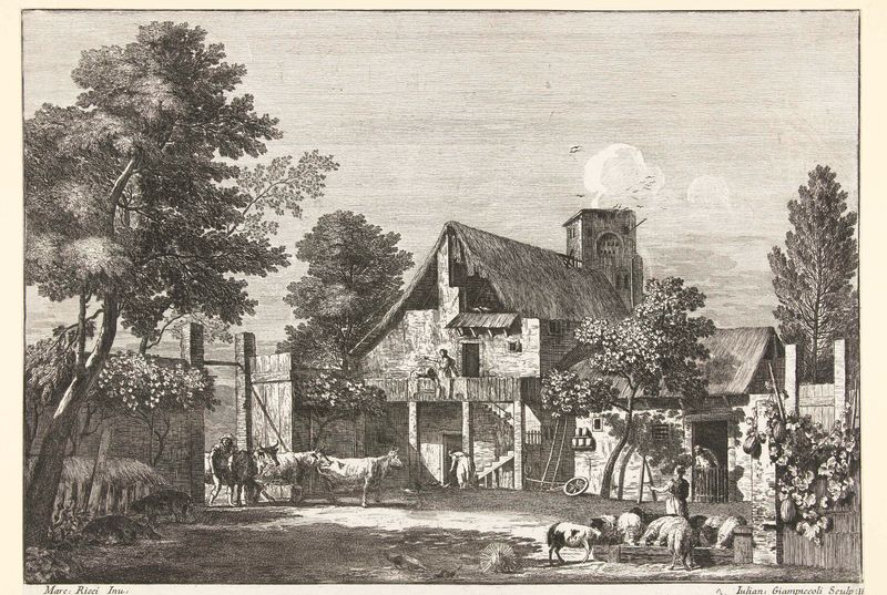 Genre scene etching by Giuliano Giampiccoli depicting a farmyard with peasants and animals