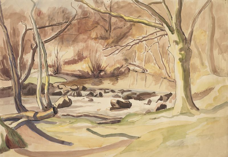Autumn stream de Frederick Porter, pintura a óleo que retrata uma paisagem serena com tons quentes.