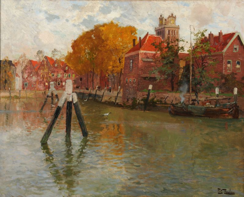 Dordrecht pintura a óleo de Frits Thaulow retratando um rio, barcos e um céu vibrante