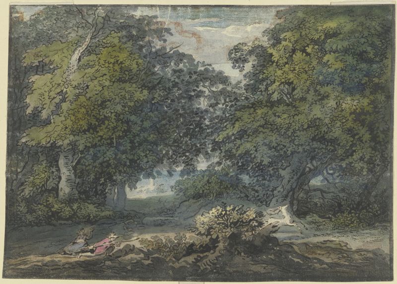 Oil on canvas by Jacob van Liender depicting a man hunting a white stag in a forest