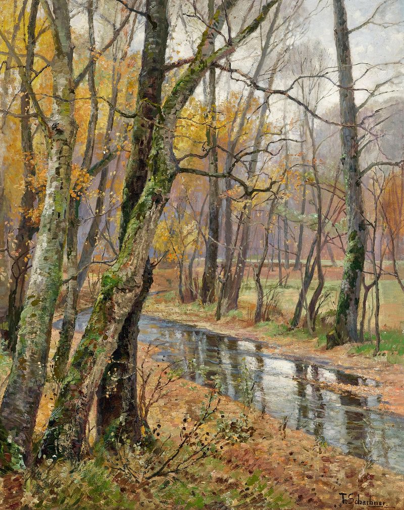 Impressionist oil painting by Therese Schachner depicting autumn trees with golden light