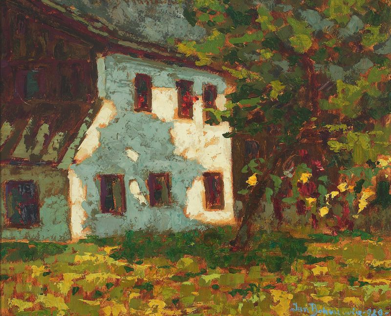 Pintura de paisagem a óleo de Jan Bohuszewicz com tons dourados quentes ao amanhecer