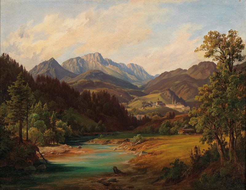 Landschaft Mit Kloster by Anton Schiffer, oil on canvas depicting a serene monastery in nature.