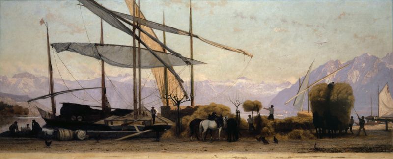 Oil painting by François Bocion depicting men unloading hay against a soft evening sky.