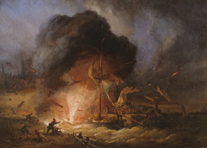 Historical oil painting by Ferdinand de Braekeleer depicting an explosion on a ship in Antwerp.