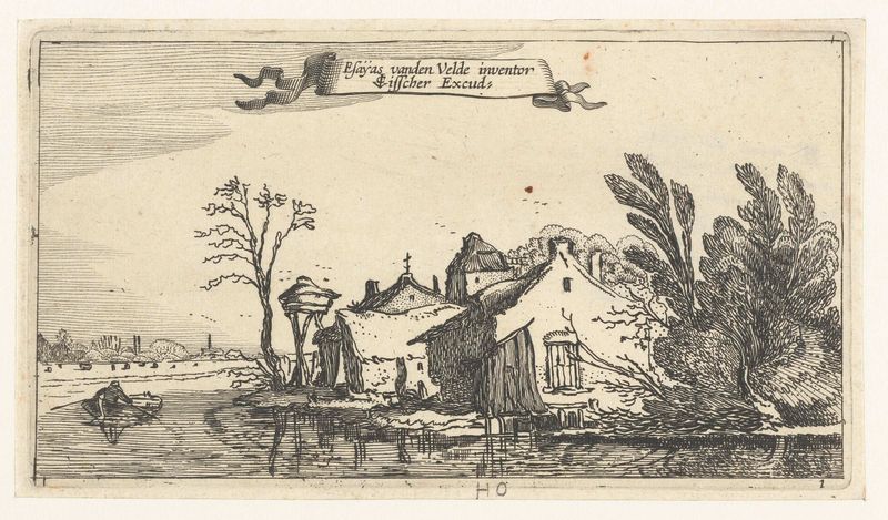 Gravura de Unknown Artist apresentando uma fazenda e um pomar ao lado de um rio