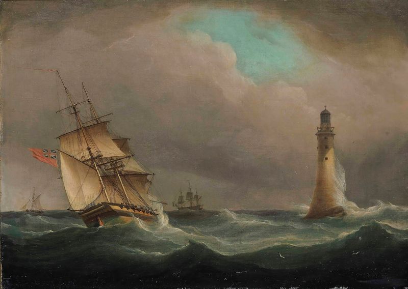 Marine scene with a frigate near Eddystone Lighthouse, oil painting by Thomas Whitcombe