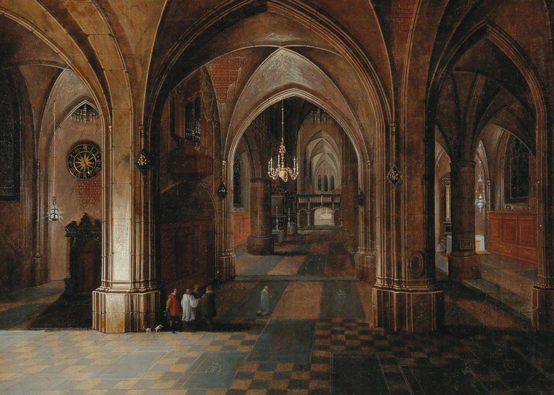 Interior of a church at night, oil on panel by Pieter Neeffs the Elder