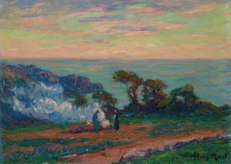 Marine scene at sunset over the sea, oil painting by Henry Moret